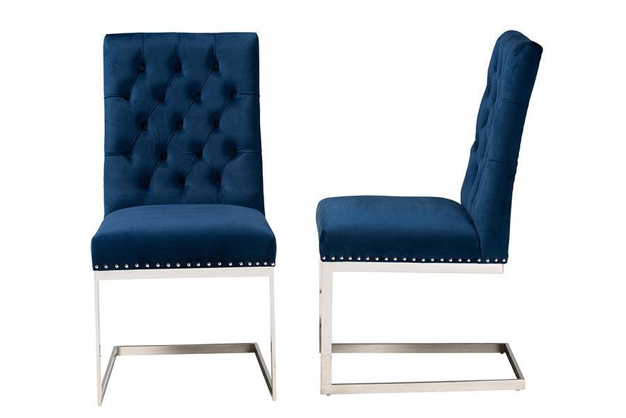 Sherine Contemporary Glam and Luxe Navy Blue Velvet Fabric and Silver Metal 2-Piece Dining Chair Set FredCo