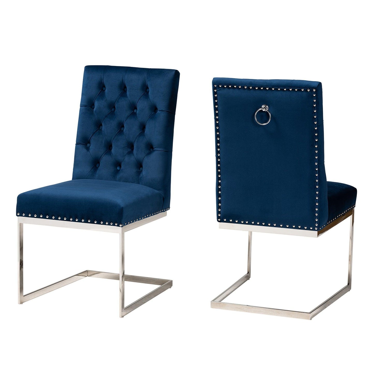 Sherine Contemporary Glam and Luxe Navy Blue Velvet Fabric and Silver Metal 2-Piece Dining Chair Set FredCo