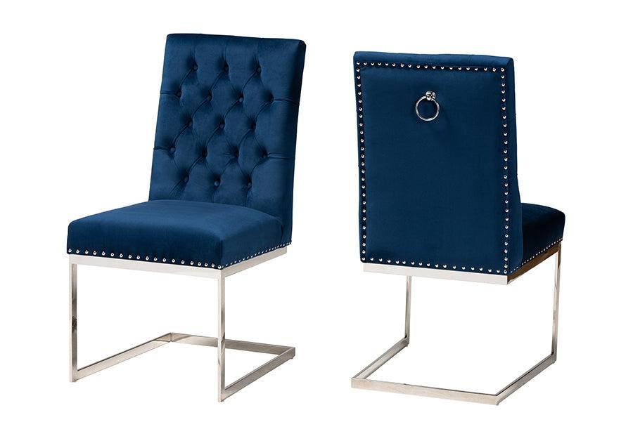 Sherine Contemporary Glam and Luxe Navy Blue Velvet Fabric and Silver Metal 2-Piece Dining Chair Set FredCo