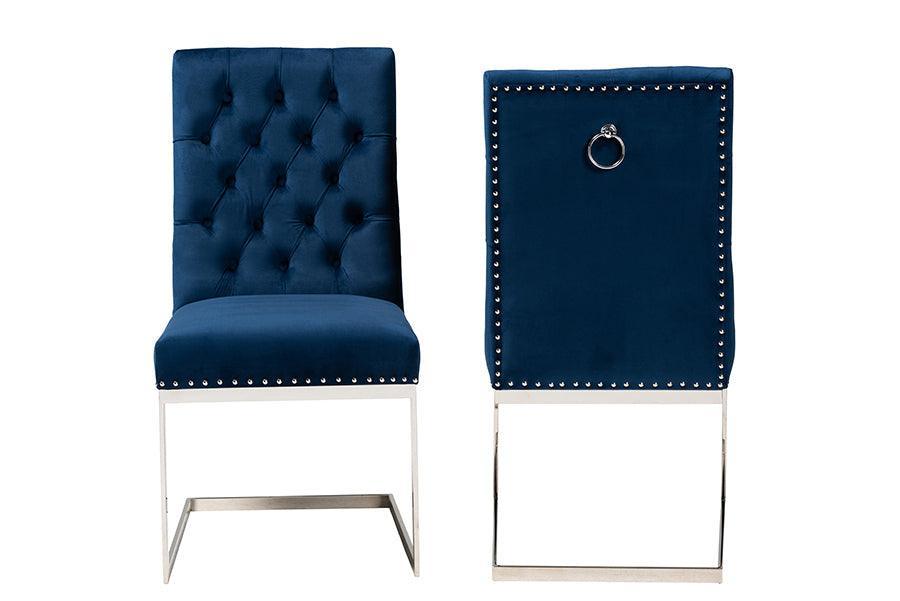 Sherine Contemporary Glam and Luxe Navy Blue Velvet Fabric and Silver Metal 2-Piece Dining Chair Set FredCo