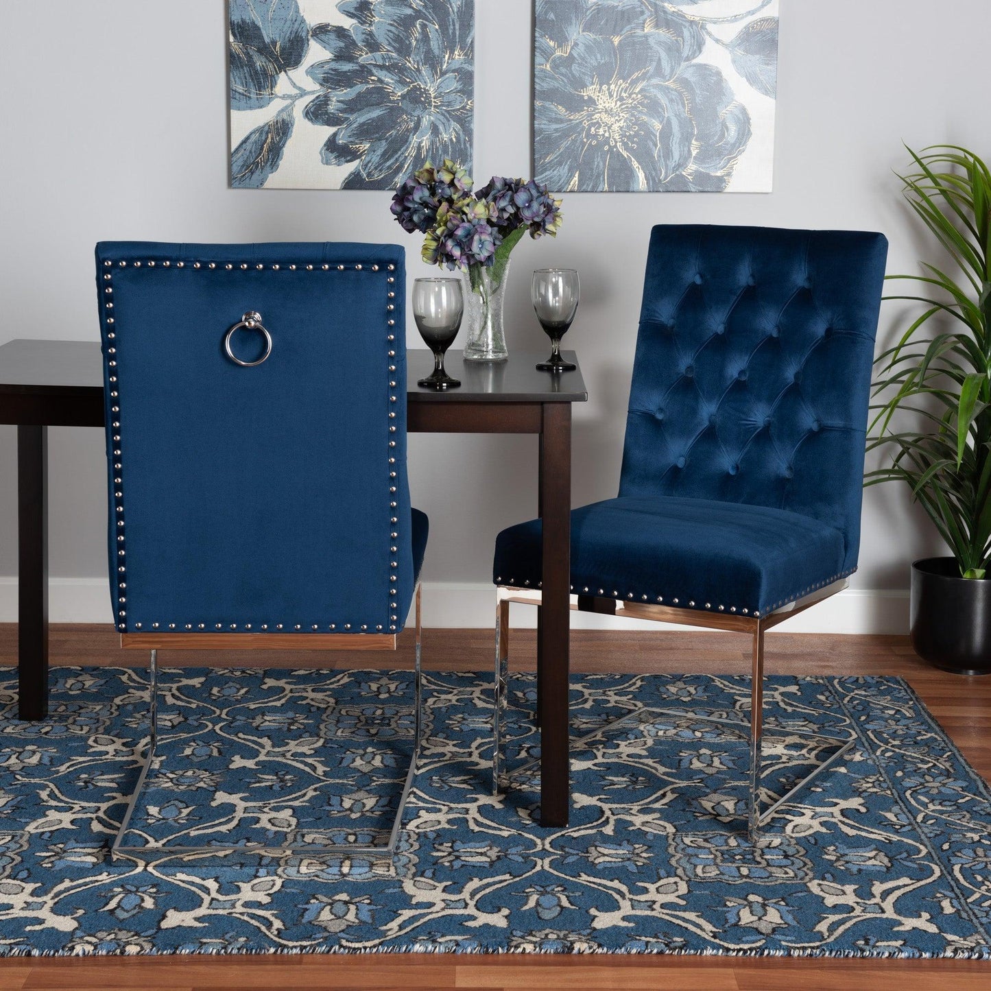 Sherine Contemporary Glam and Luxe Navy Blue Velvet Fabric and Silver Metal 2-Piece Dining Chair Set FredCo
