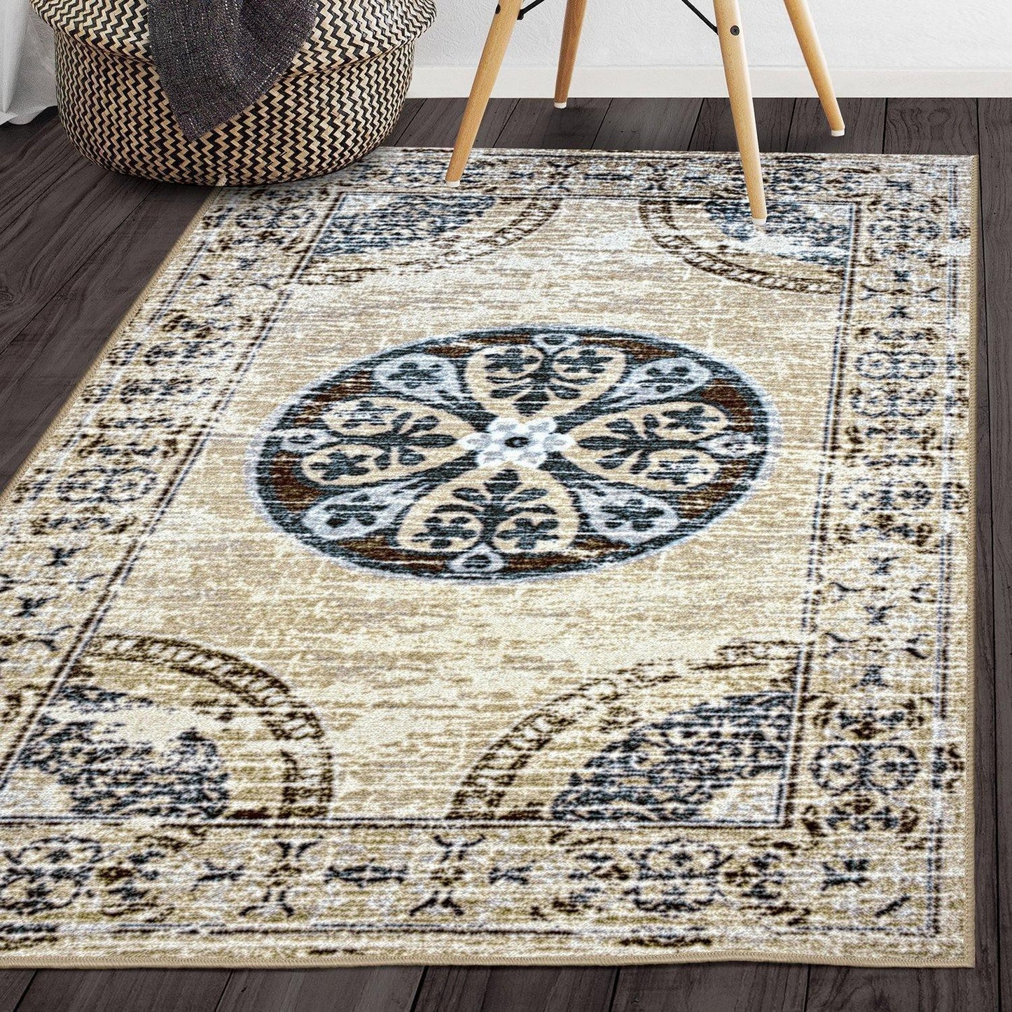 Shiloh Non-Slip Foldable Distressed Medallion Nylon Rug FredCo