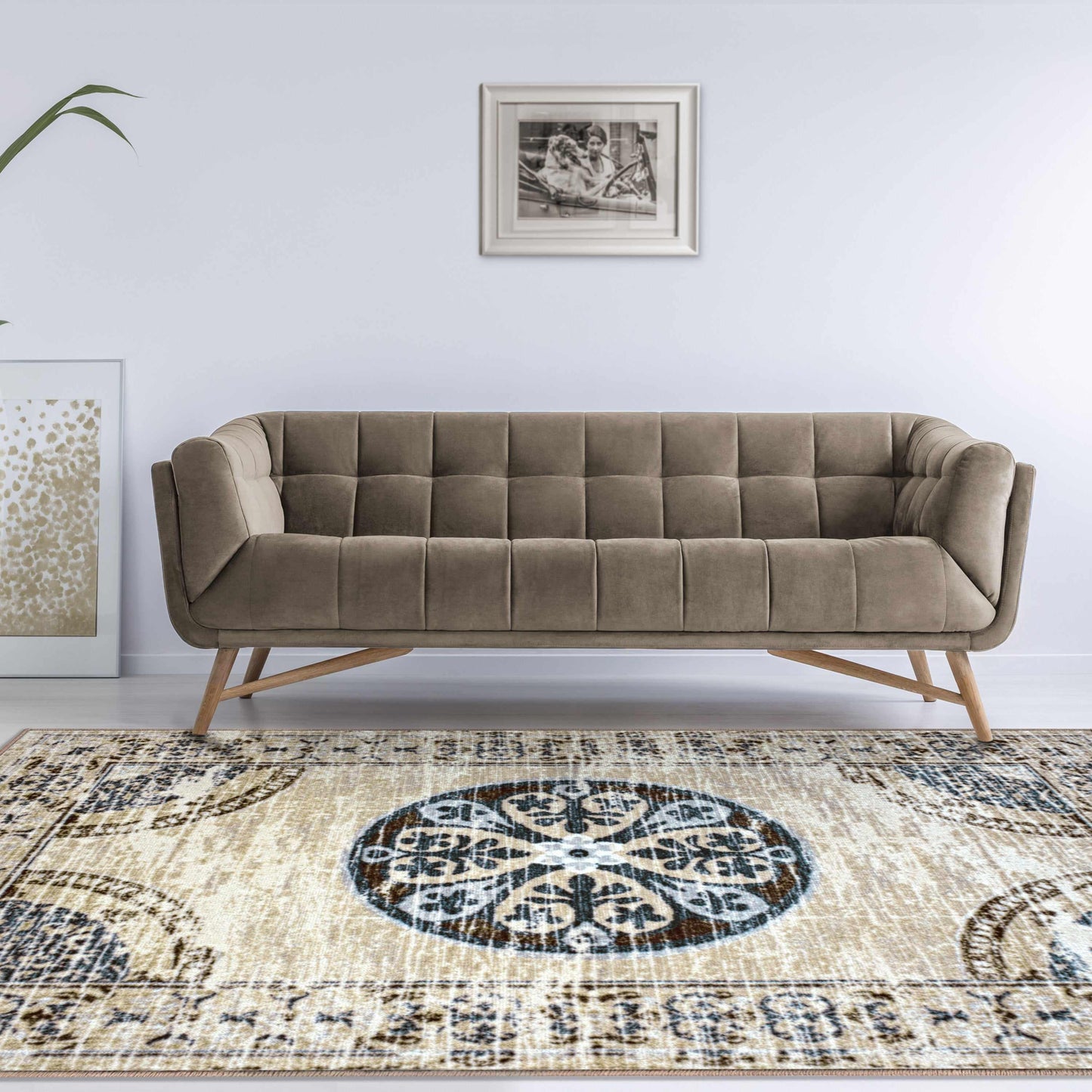 Shiloh Non-Slip Foldable Distressed Medallion Nylon Rug FredCo