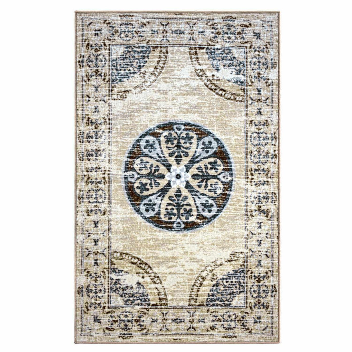 Shiloh Non-Slip Foldable Distressed Medallion Nylon Rug FredCo