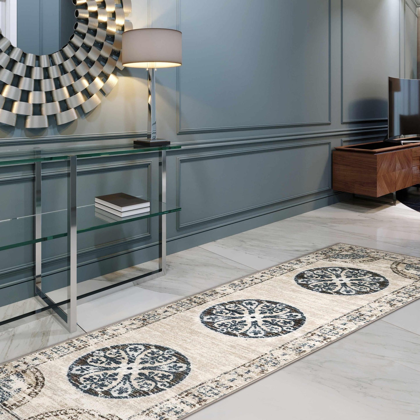 Shiloh Non-Slip Foldable Distressed Medallion Nylon Rug FredCo