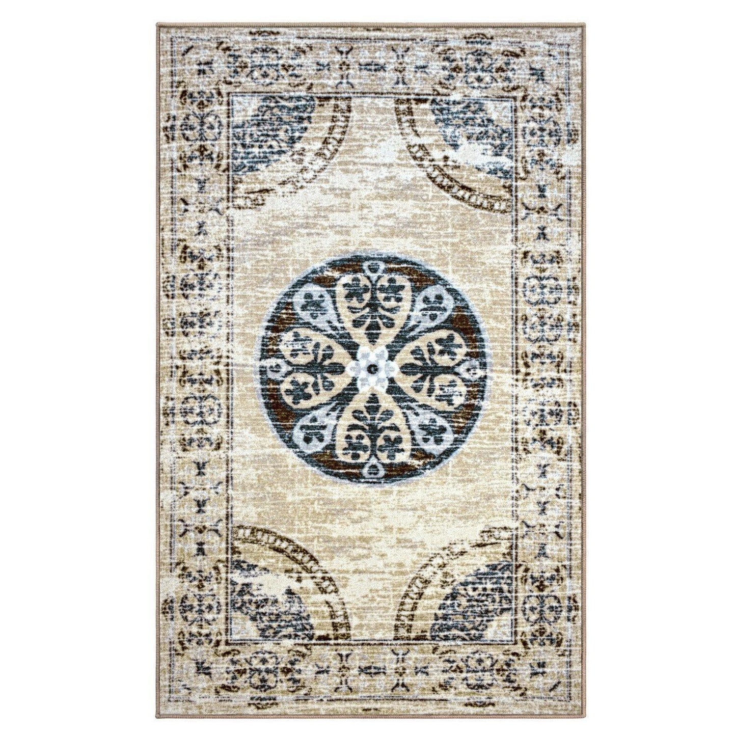 Shiloh Non-Slip Foldable Distressed Medallion Nylon Rug FredCo