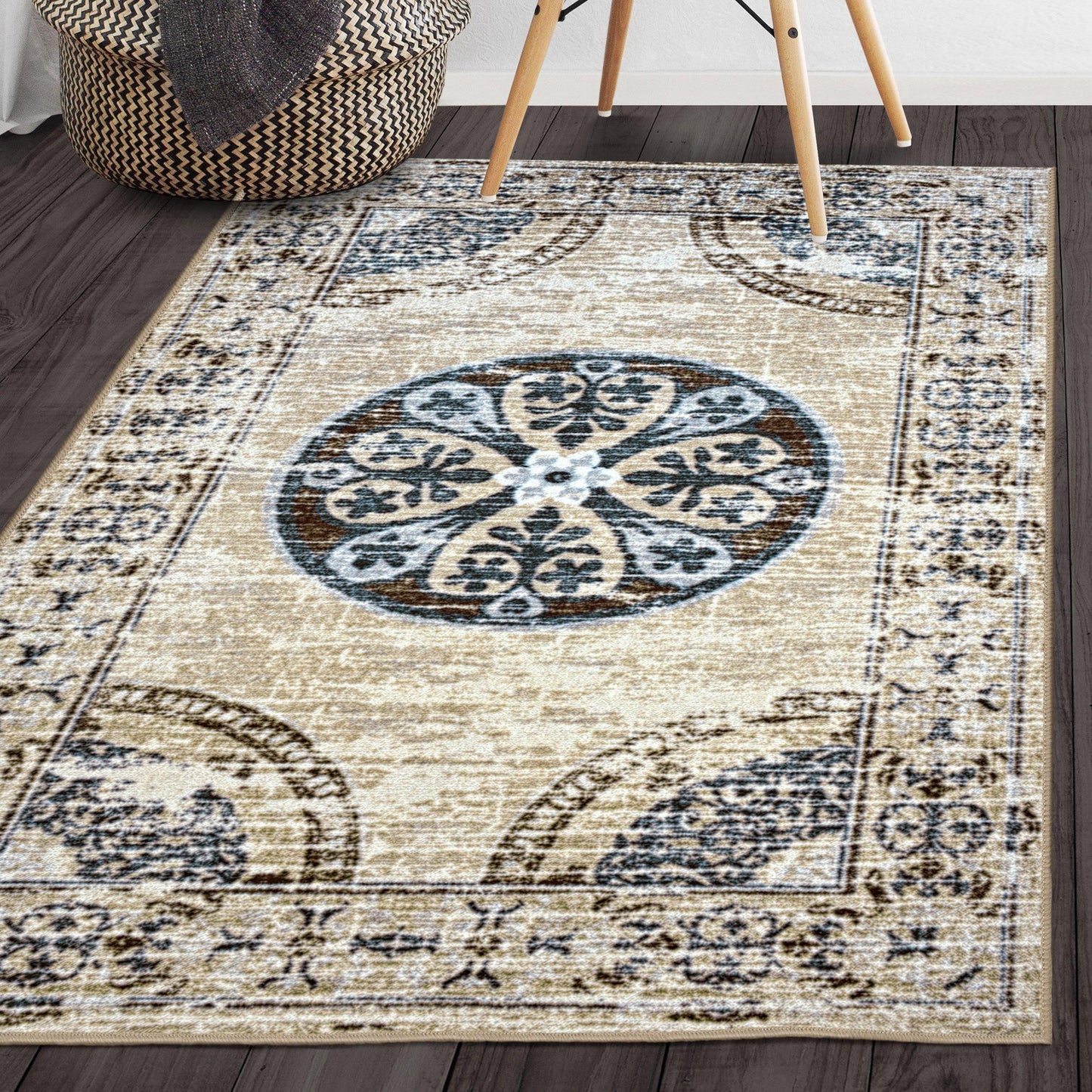 Shiloh Non-Slip Foldable Distressed Medallion Nylon Rug FredCo
