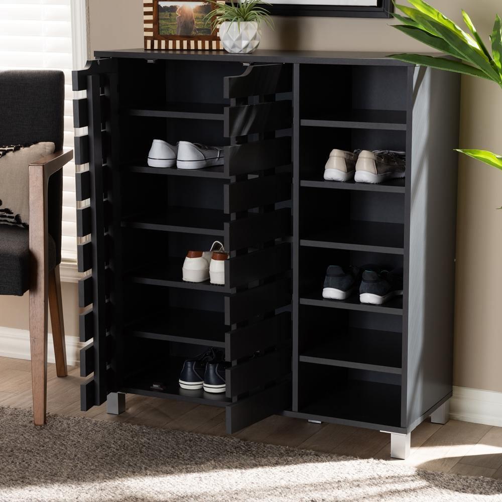 Shirley Modern and Contemporary Dark Grey Finished 2-Door Wood Shoe Storage Cabinet with Open Shelves FredCo