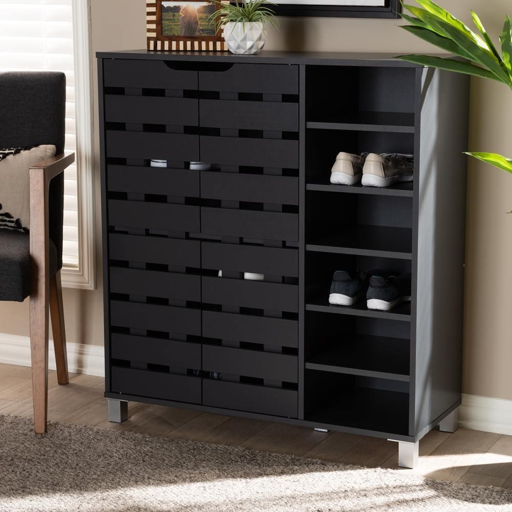 Shirley Modern and Contemporary Dark Grey Finished 2-Door Wood Shoe Storage Cabinet with Open Shelves FredCo