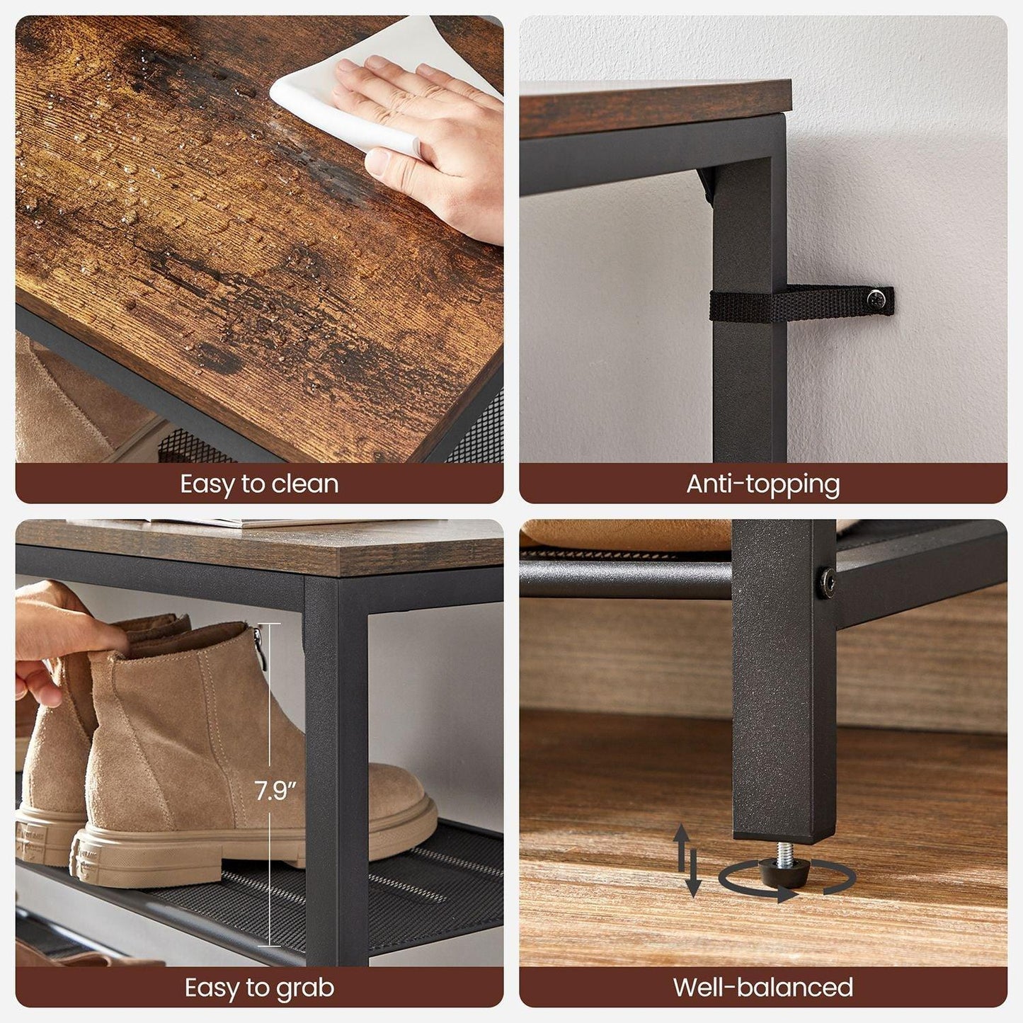 Shoe Rack with 7 Metal Shelves, Rustic Brown and Black FredCo