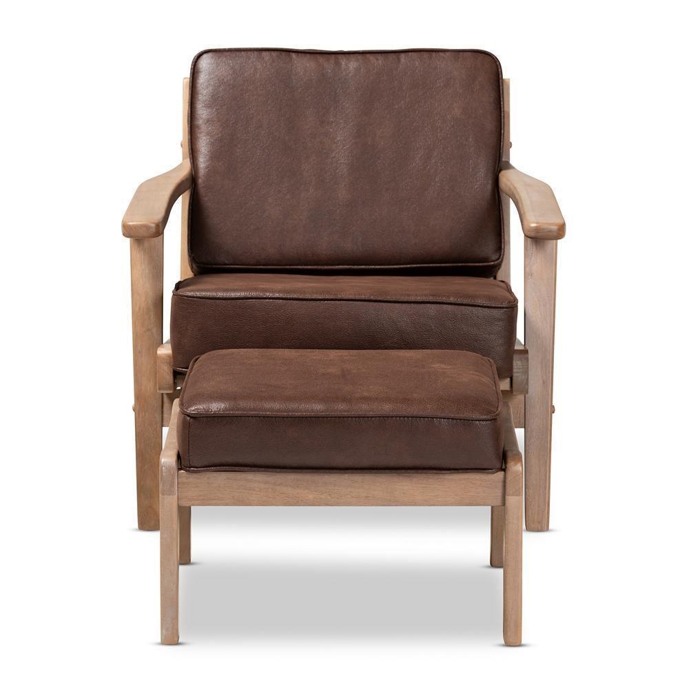 Sigrid Mid-Century Modern Dark Brown Faux Leather Effect Fabric Upholstered Antique Oak Finished 2-Piece Wood Armchair and Ottoman Set FredCo