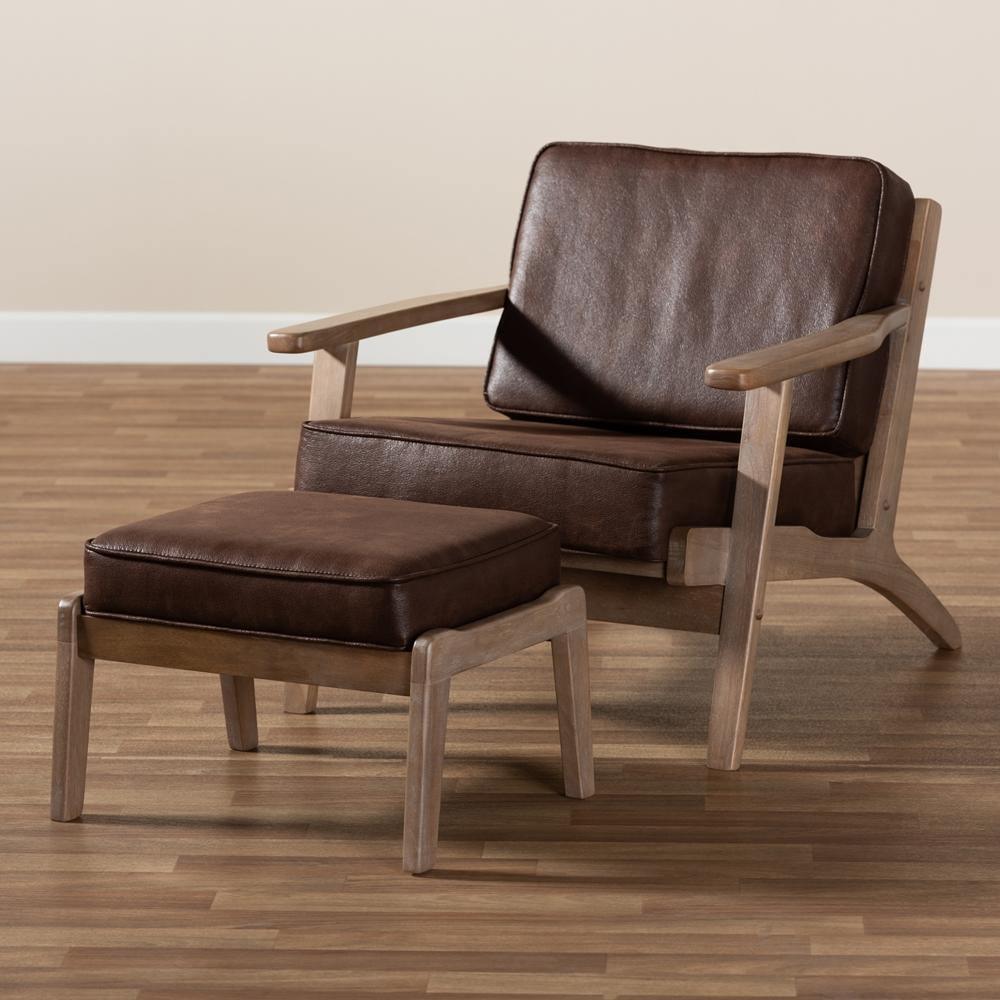 Sigrid Mid-Century Modern Dark Brown Faux Leather Effect Fabric Upholstered Antique Oak Finished 2-Piece Wood Armchair and Ottoman Set FredCo