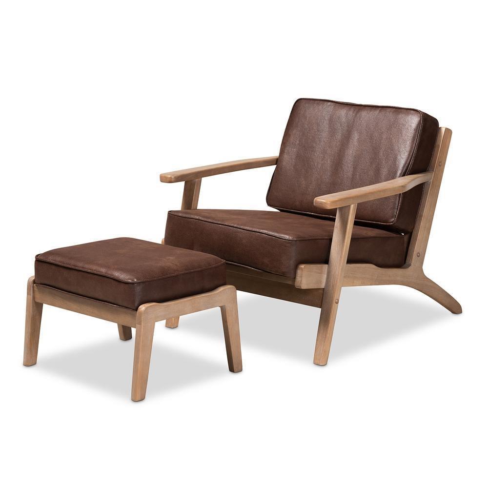 Sigrid Mid-Century Modern Dark Brown Faux Leather Effect Fabric Upholstered Antique Oak Finished 2-Piece Wood Armchair and Ottoman Set FredCo