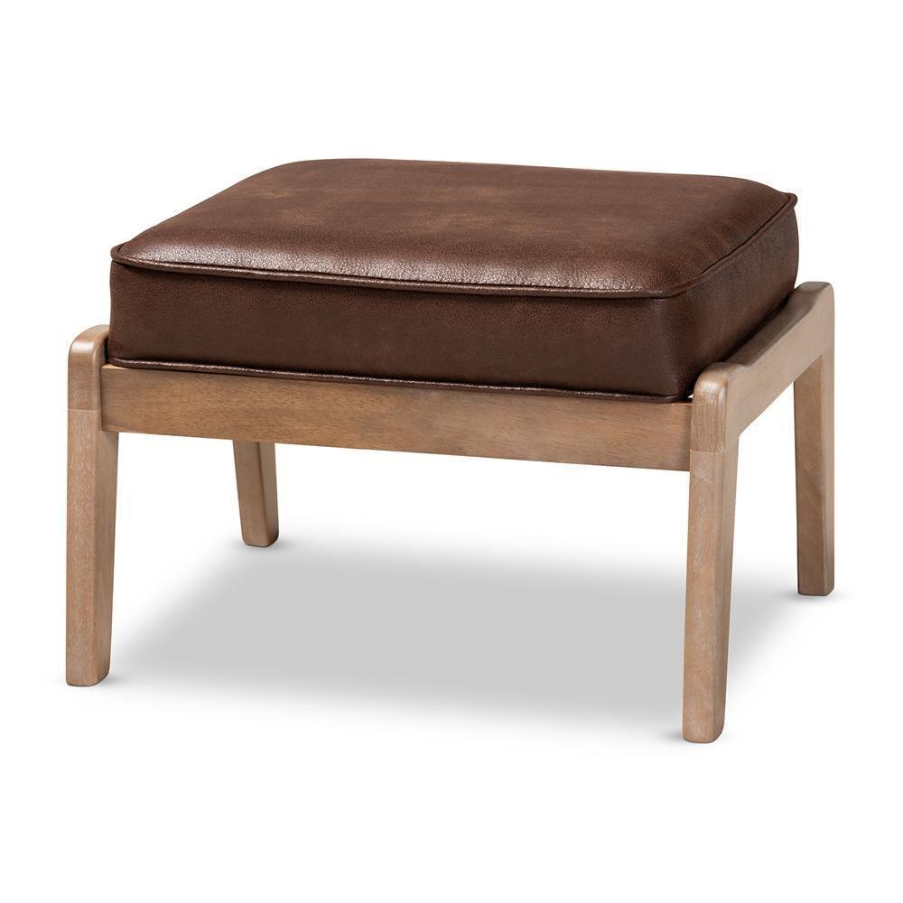 Sigrid Mid-Century Modern Dark Brown Faux Leather Effect Fabric Upholstered Antique Oak Finished 2-Piece Wood Armchair and Ottoman Set FredCo