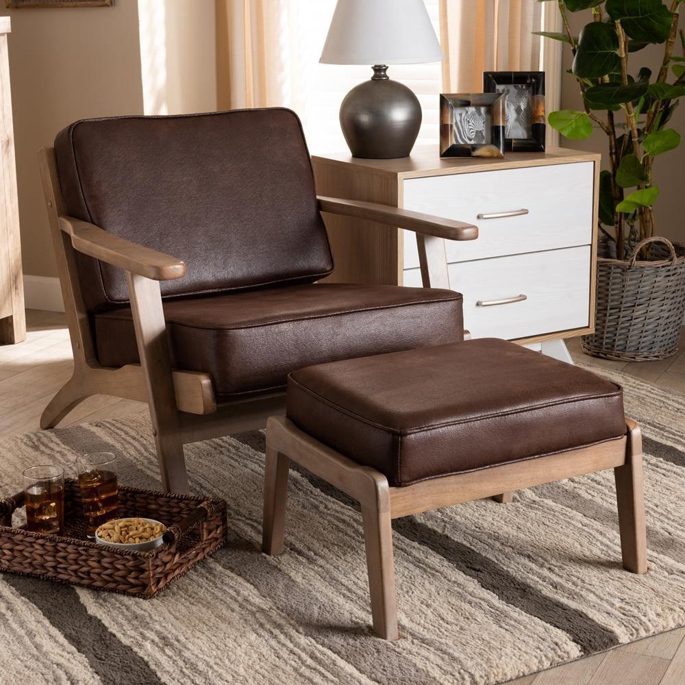 Sigrid Mid-Century Modern Dark Brown Faux Leather Effect Fabric Upholstered Antique Oak Finished 2-Piece Wood Armchair and Ottoman Set FredCo