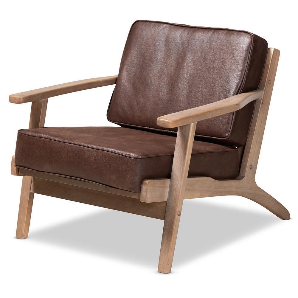 Sigrid Mid-Century Modern Dark Brown Faux Leather Effect Fabric Upholstered Antique Oak Finished 2-Piece Wood Armchair and Ottoman Set FredCo