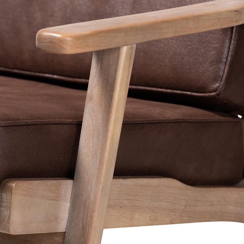 Sigrid Mid-Century Modern Dark Brown Faux Leather Effect Fabric Upholstered Antique Oak Finished 2-Piece Wood Armchair and Ottoman Set FredCo
