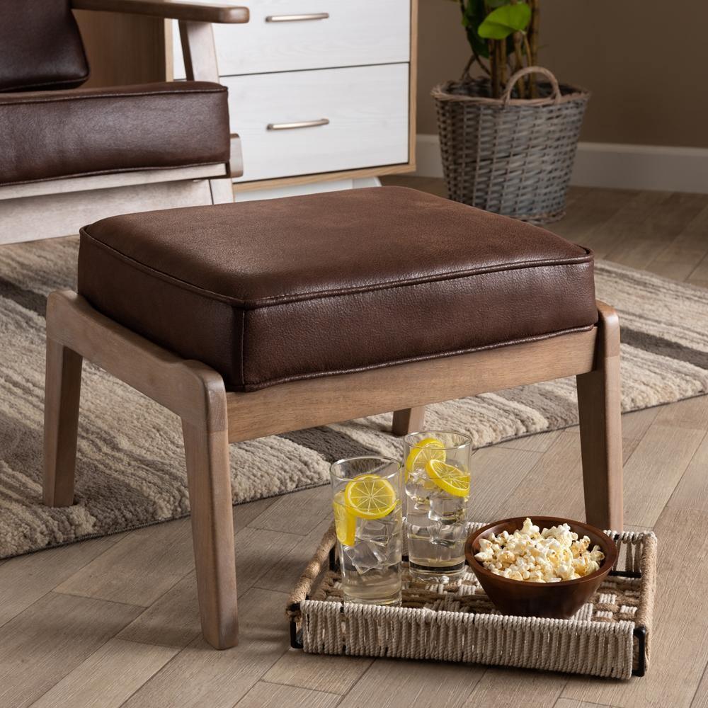 Sigrid Mid-Century Modern Dark Brown Faux Leather Effect Fabric Upholstered Antique Oak Finished Wood Ottoman FredCo