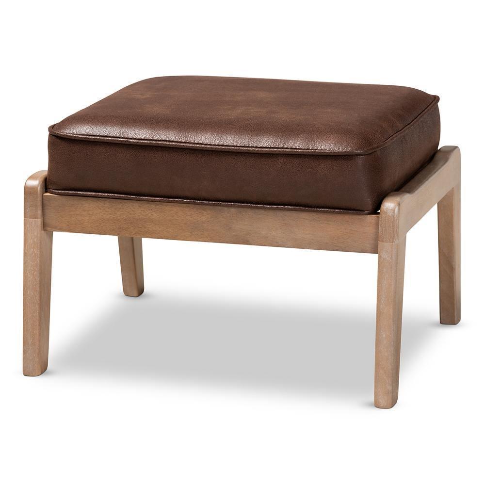 Sigrid Mid-Century Modern Dark Brown Faux Leather Effect Fabric Upholstered Antique Oak Finished Wood Ottoman FredCo