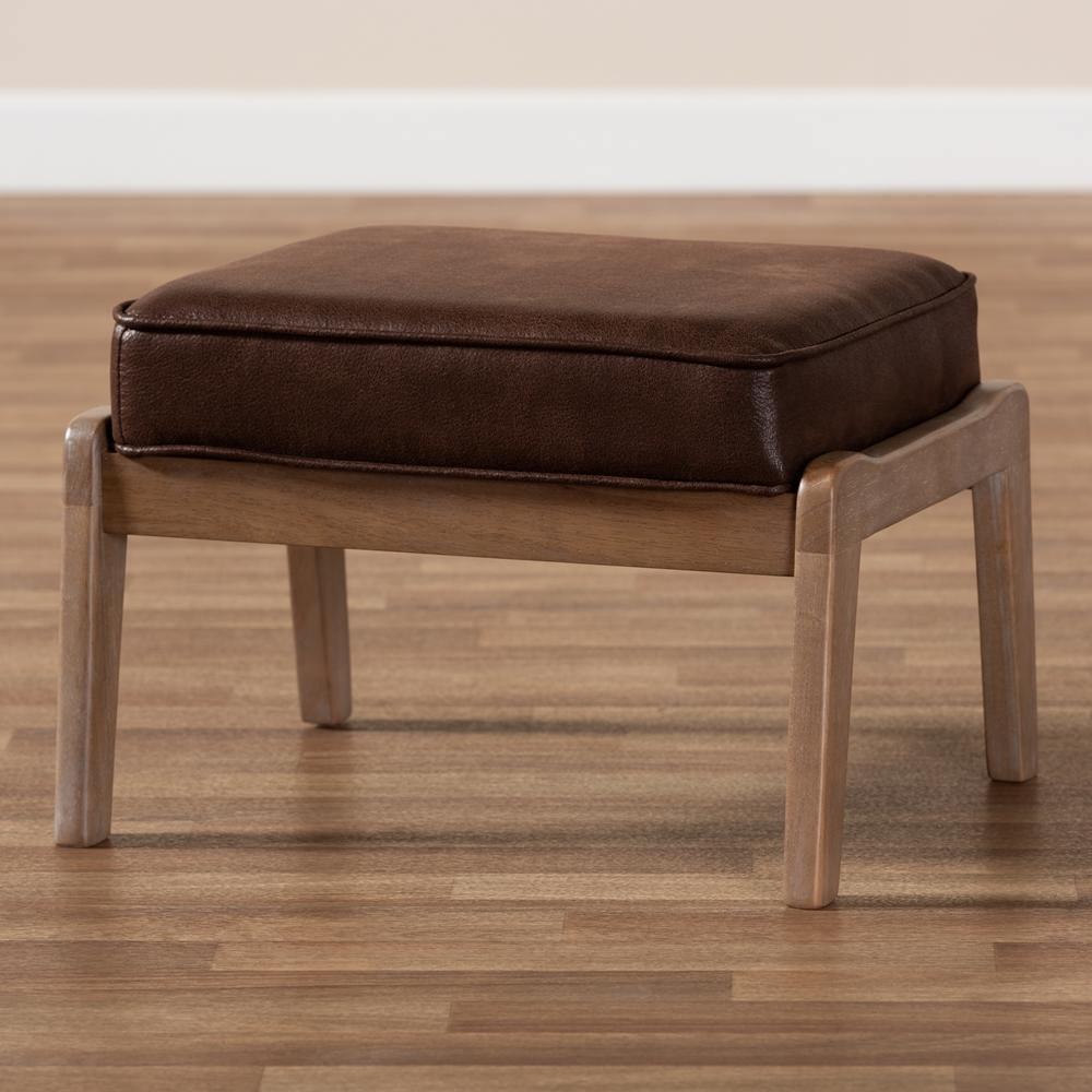 Sigrid Mid-Century Modern Dark Brown Faux Leather Effect Fabric Upholstered Antique Oak Finished Wood Ottoman FredCo