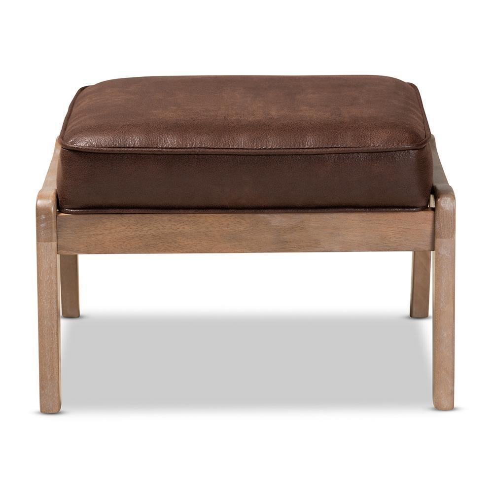 Sigrid Mid-Century Modern Dark Brown Faux Leather Effect Fabric Upholstered Antique Oak Finished Wood Ottoman FredCo