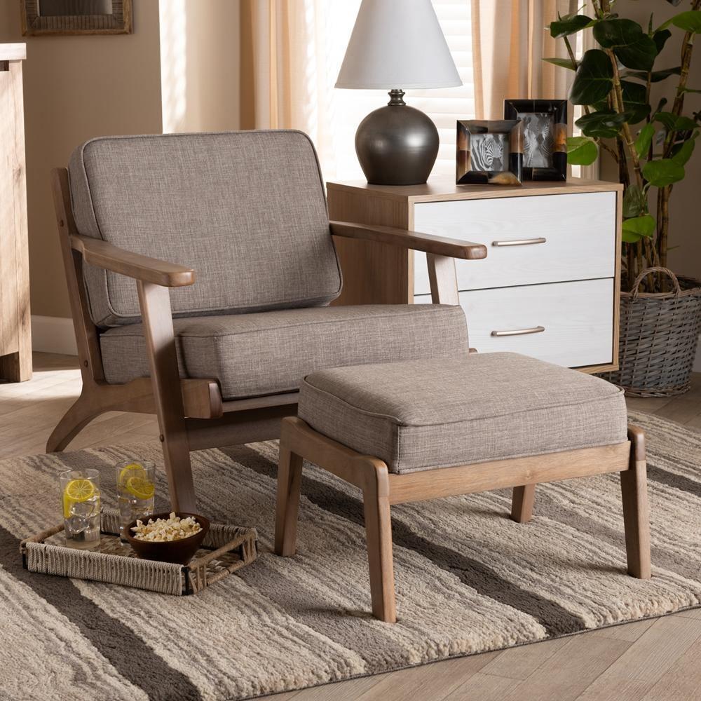 Sigrid Mid-Century Modern Light Grey Fabric Upholstered Antique Oak Finished 2-Piece Wood Armchair and Ottoman Set FredCo