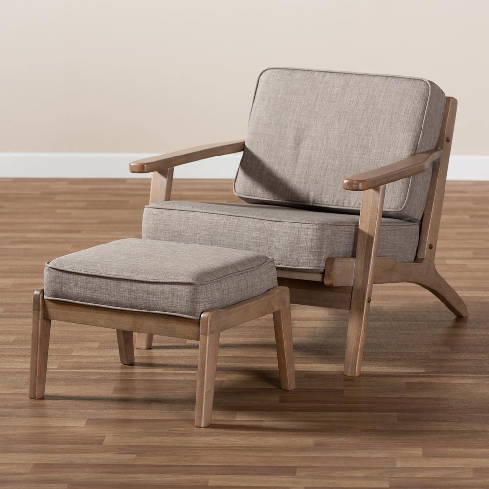 Sigrid Mid-Century Modern Light Grey Fabric Upholstered Antique Oak Finished 2-Piece Wood Armchair and Ottoman Set FredCo