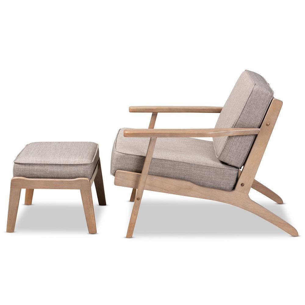 Sigrid Mid-Century Modern Light Grey Fabric Upholstered Antique Oak Finished 2-Piece Wood Armchair and Ottoman Set FredCo