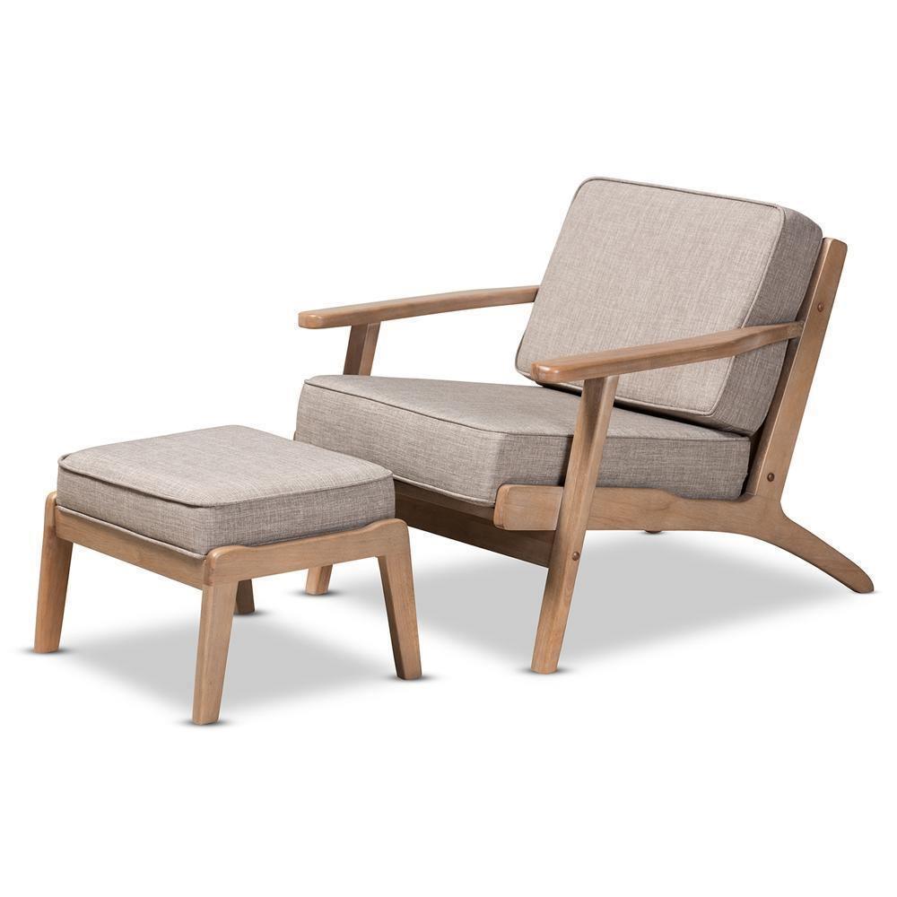 Sigrid Mid-Century Modern Light Grey Fabric Upholstered Antique Oak Finished 2-Piece Wood Armchair and Ottoman Set FredCo