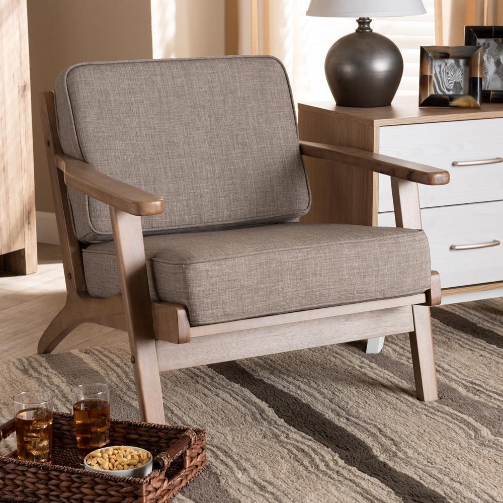 Sigrid Mid-Century Modern Light Grey Fabric Upholstered Antique Oak Finished Wood Armchair FredCo