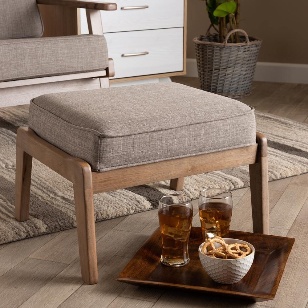 Sigrid Mid-Century Modern Light Grey Fabric Upholstered Antique Oak Finished Wood Ottoman FredCo