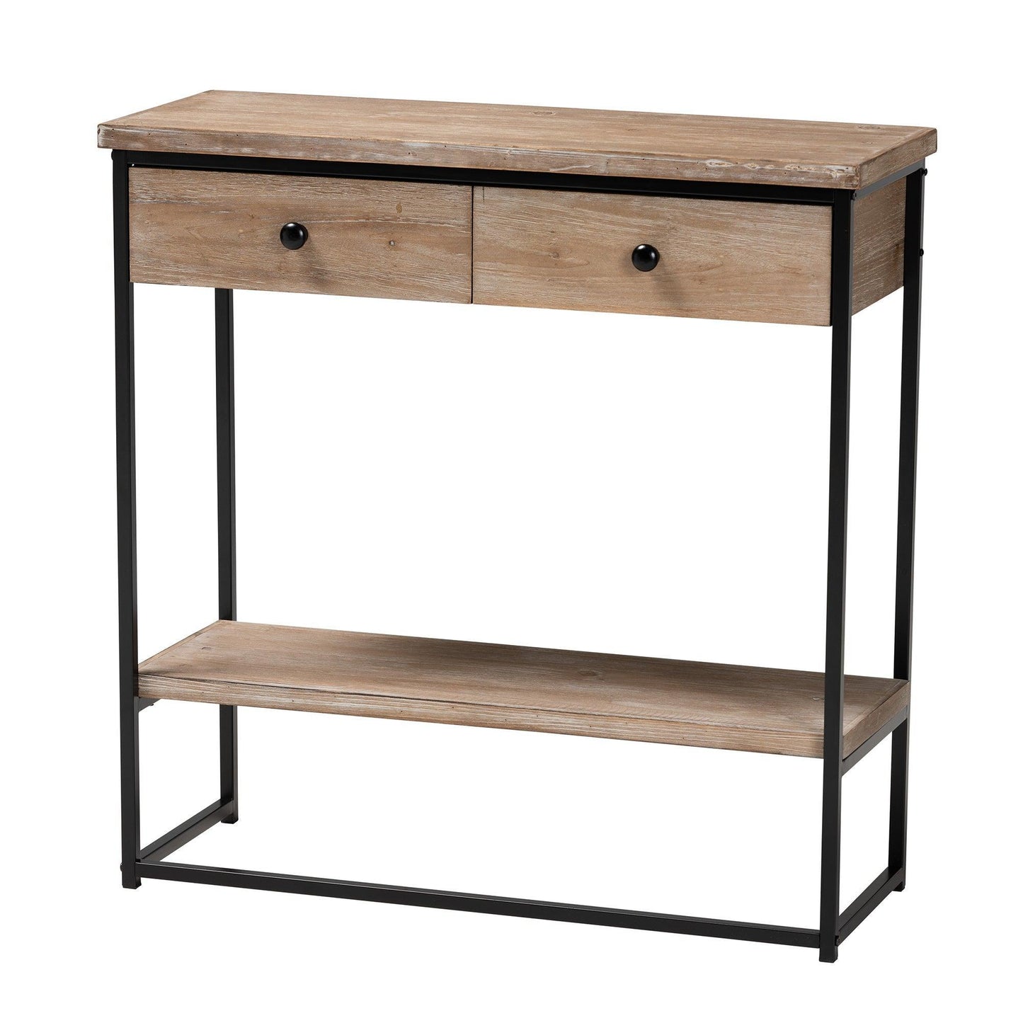 Silas Modern Industrial Natural Brown Finished Wood and Black Metal 2-Drawer Console Table FredCo