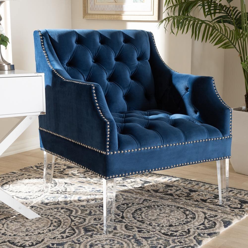 Silvana Modern and Contemporary Navy Velvet Fabric Upholstered Lounge Chair with Acrylic Legs FredCo