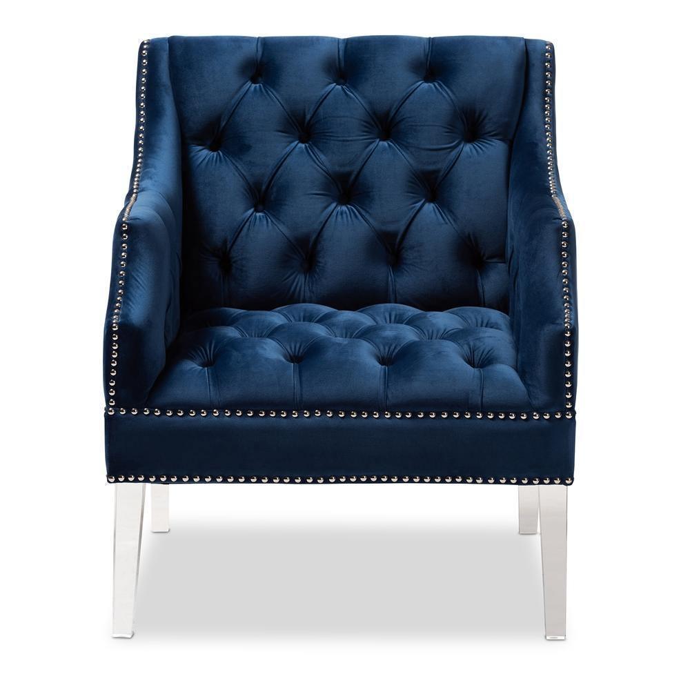 Silvana Modern and Contemporary Navy Velvet Fabric Upholstered Lounge Chair with Acrylic Legs FredCo