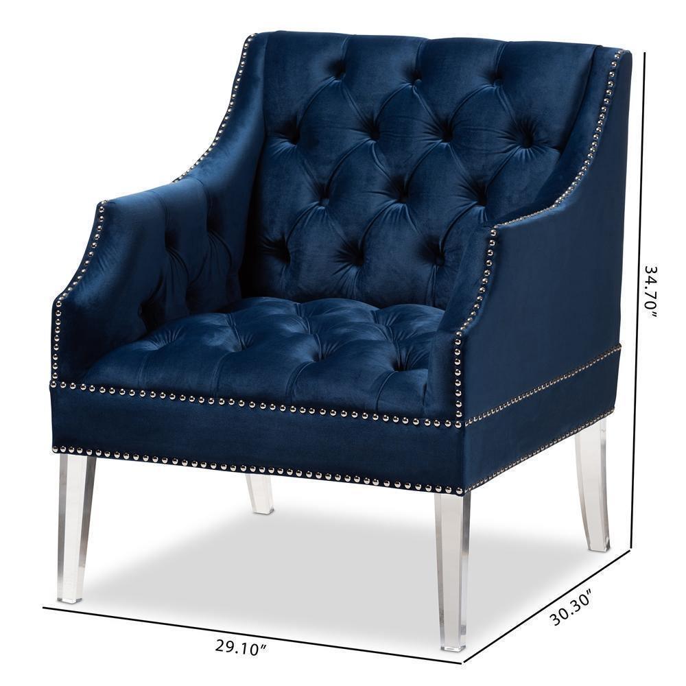 Silvana Modern and Contemporary Navy Velvet Fabric Upholstered Lounge Chair with Acrylic Legs FredCo