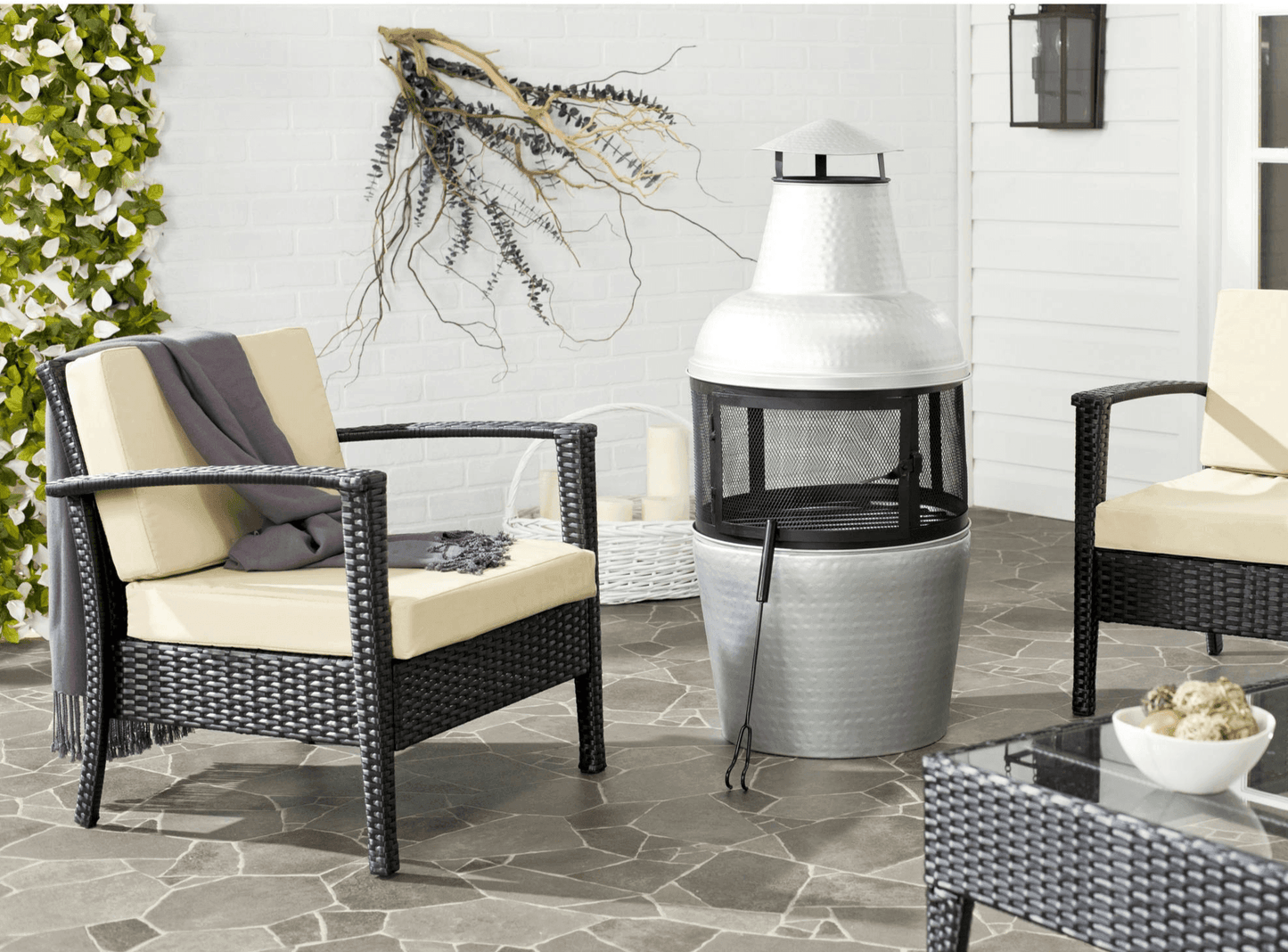 Silver Chiminea 18" Diameter, 40" Height Outdoor Fire Pit with Fire Poker, Silver/Black FredCo