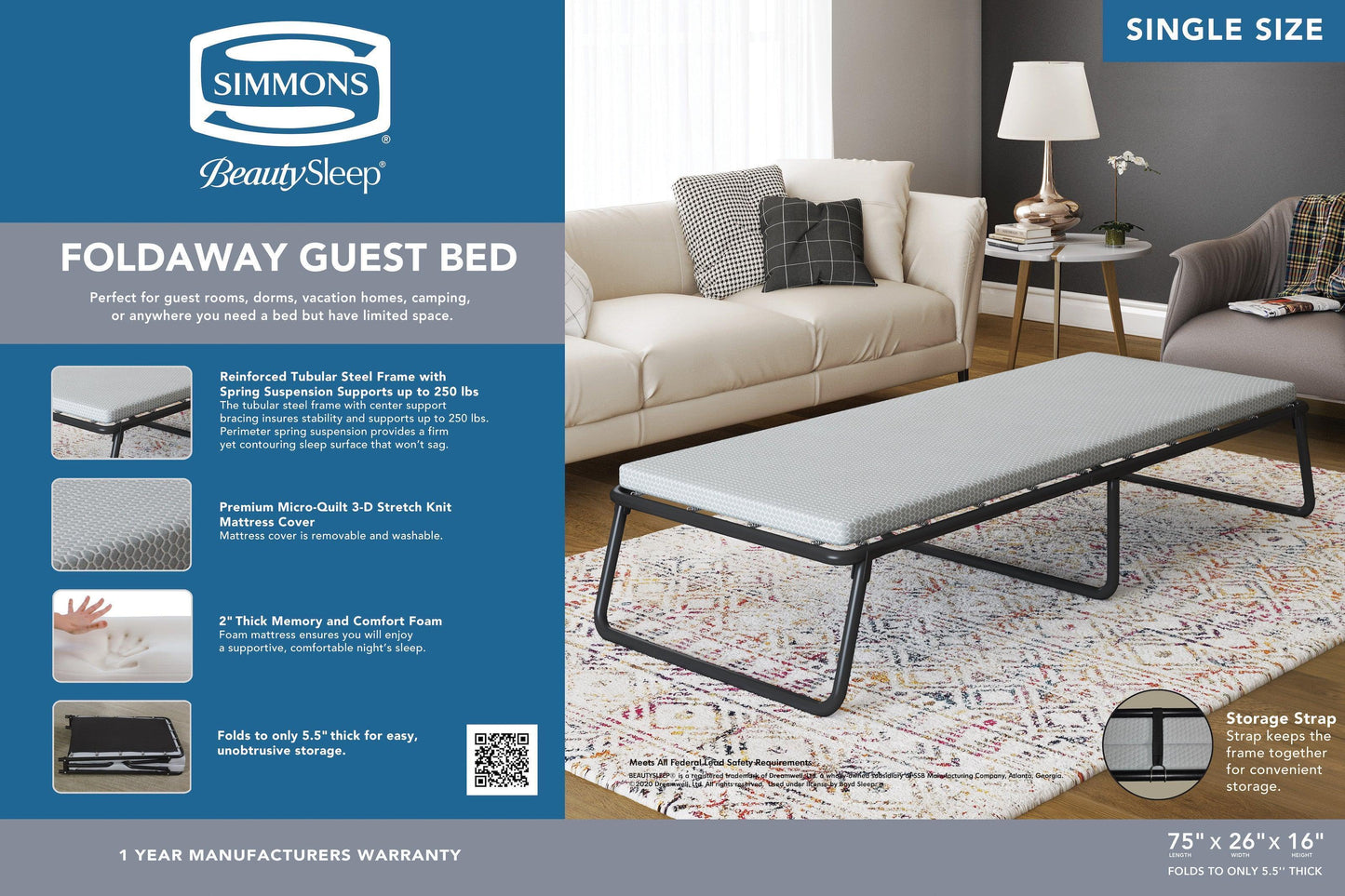 Simmons Beautysleep Folding Guest Bed with Memory Foam Mattress FredCo