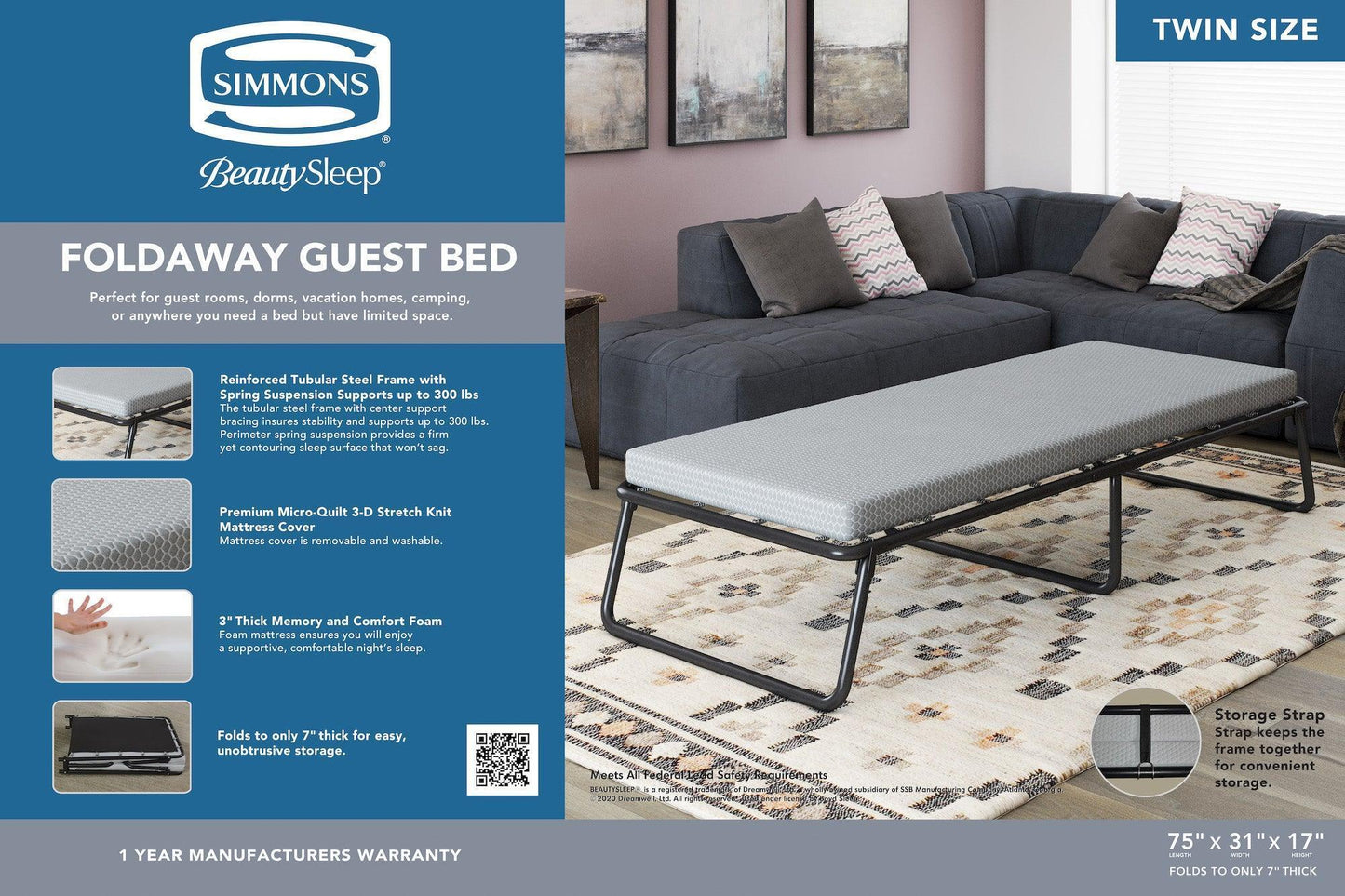 Simmons Beautysleep Folding Guest Bed with Memory Foam Mattress FredCo