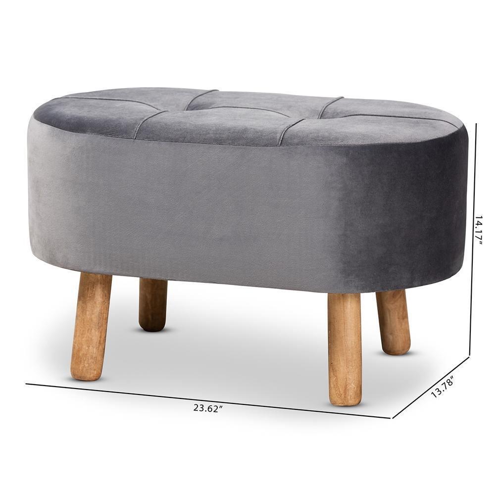 Simone Mid-Century Modern Grey Velvet Fabric Upholstered Wood Ottoman FredCo