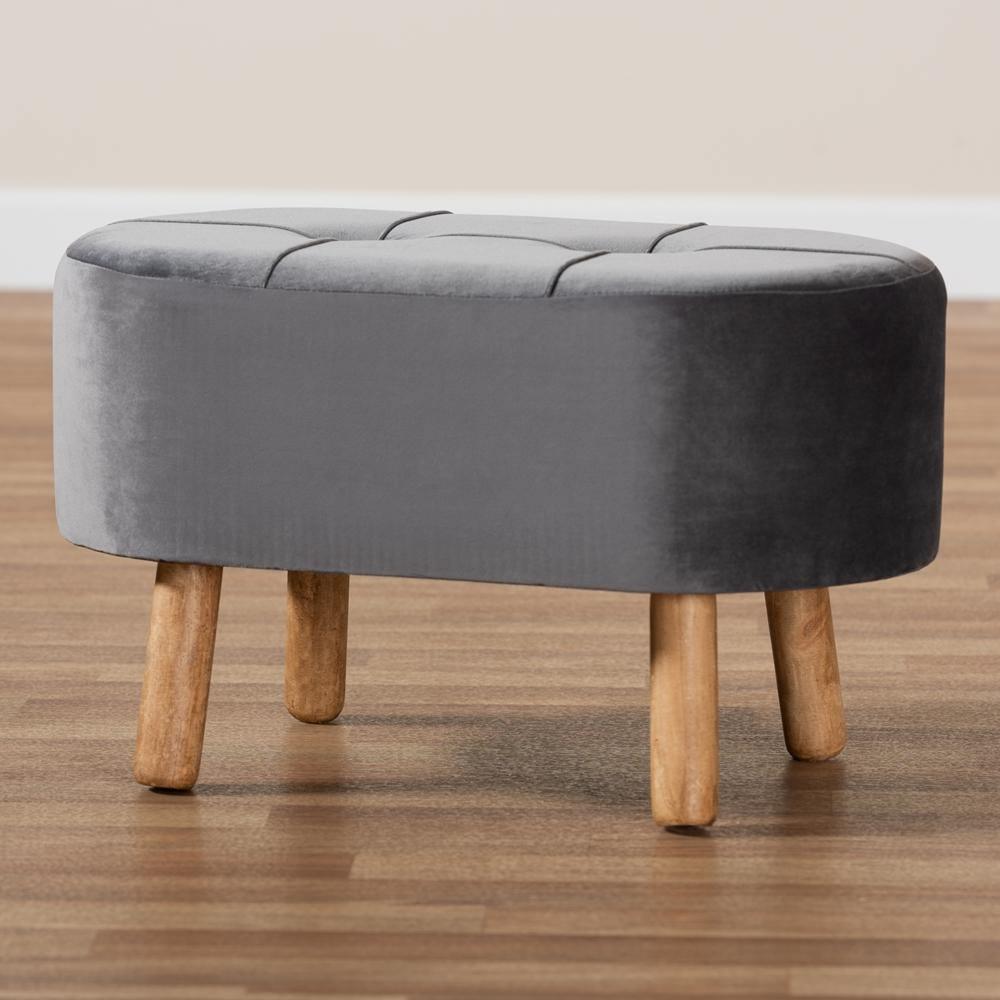 Simone Mid-Century Modern Grey Velvet Fabric Upholstered Wood Ottoman FredCo