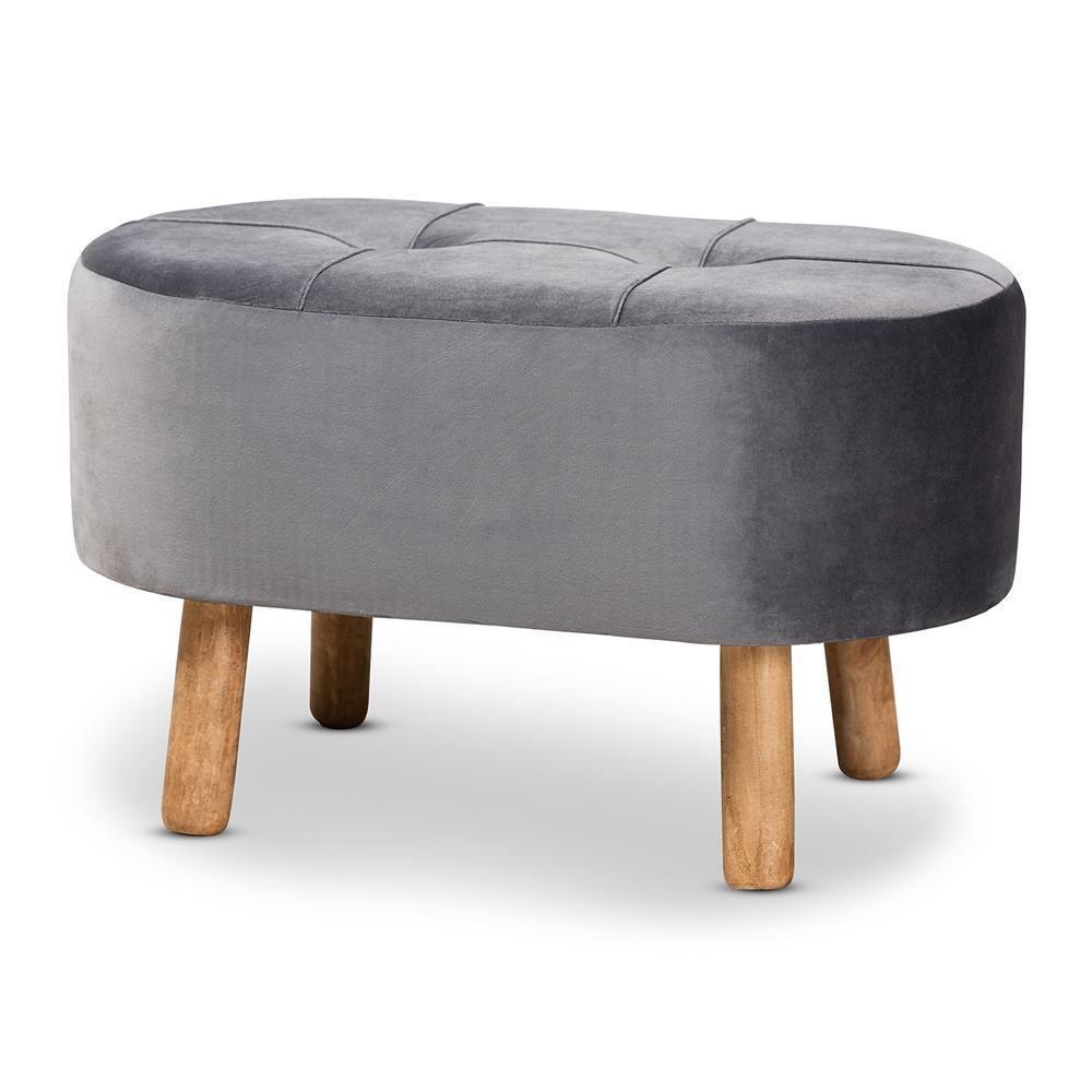 Simone Mid-Century Modern Grey Velvet Fabric Upholstered Wood Ottoman FredCo