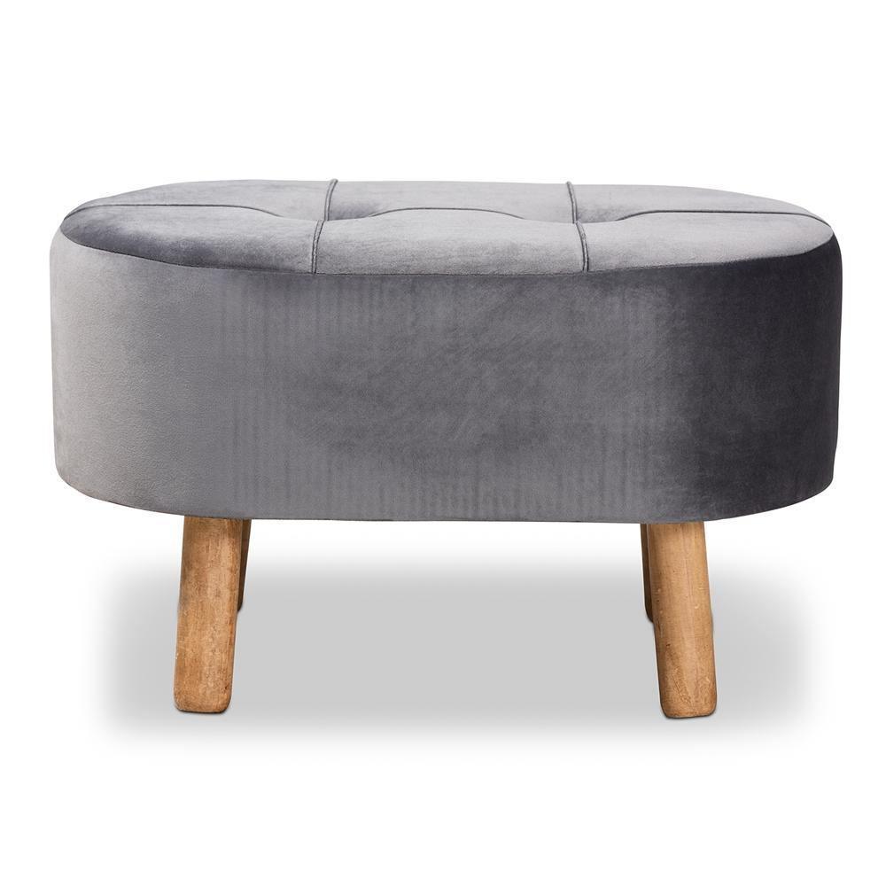 Simone Mid-Century Modern Grey Velvet Fabric Upholstered Wood Ottoman FredCo