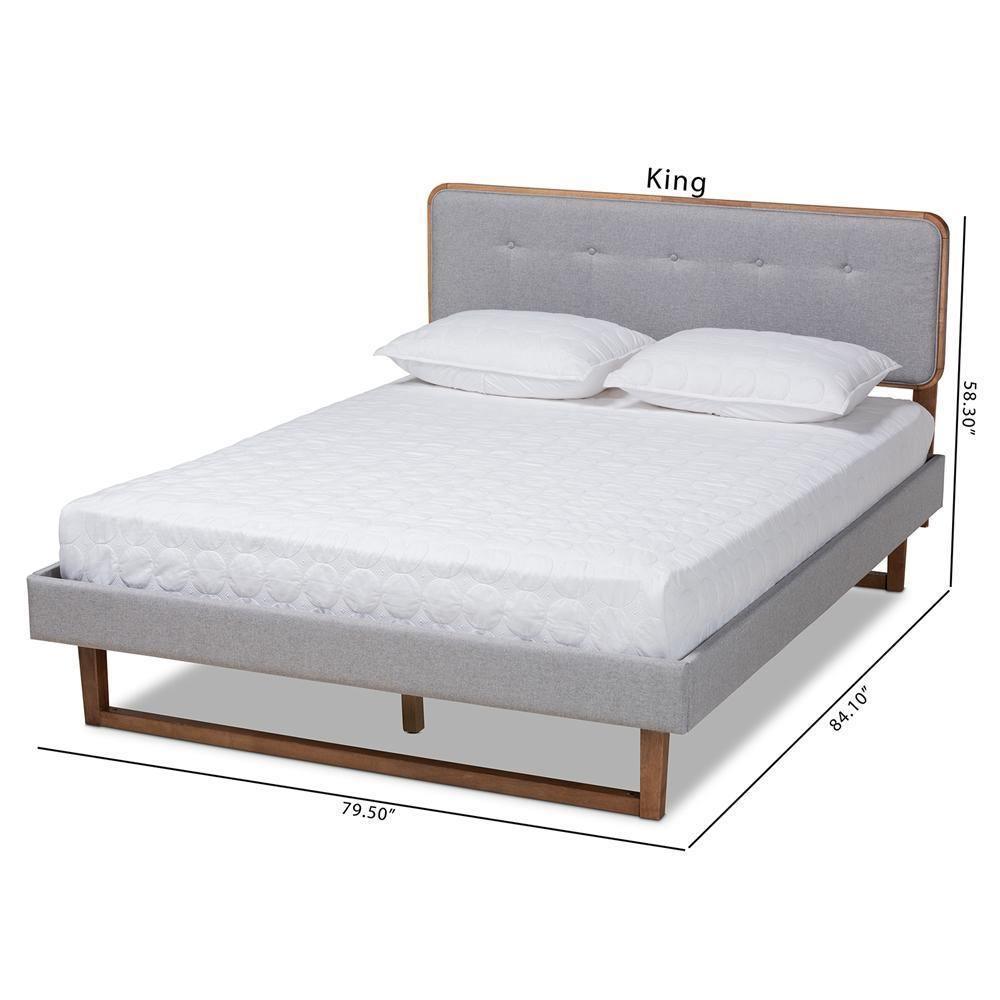 Sofia Mid-Century Modern Light Grey Fabric Upholstered and Ash Walnut Finished Wood Queen Size Platform Bed FredCo