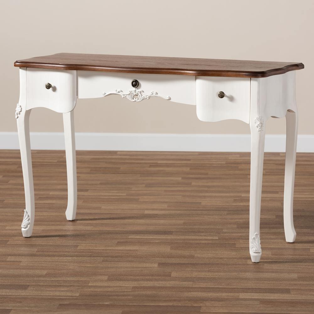 Sophie Classic Traditional French Country White and Brown Finished Large 3-Drawer Wood Console Table FredCo