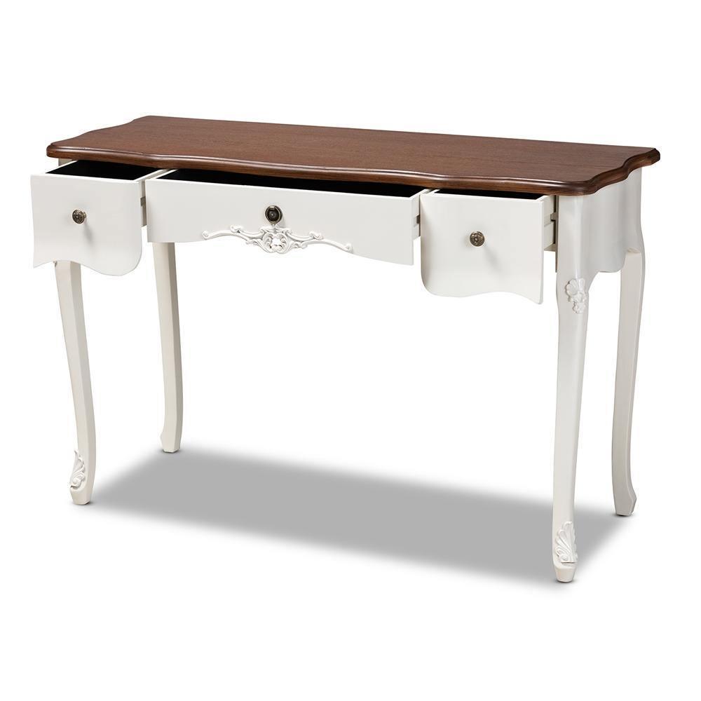 Sophie Classic Traditional French Country White and Brown Finished Large 3-Drawer Wood Console Table FredCo