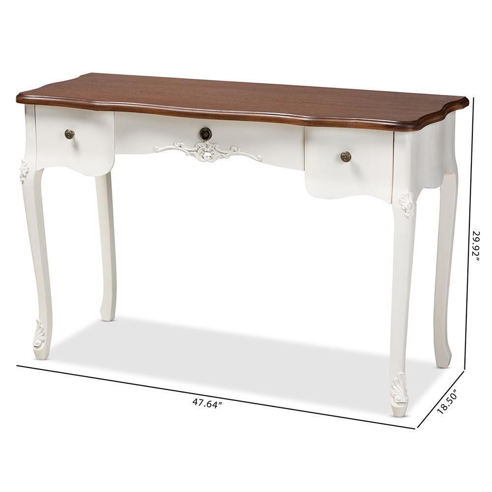 Sophie Classic Traditional French Country White and Brown Finished Large 3-Drawer Wood Console Table FredCo