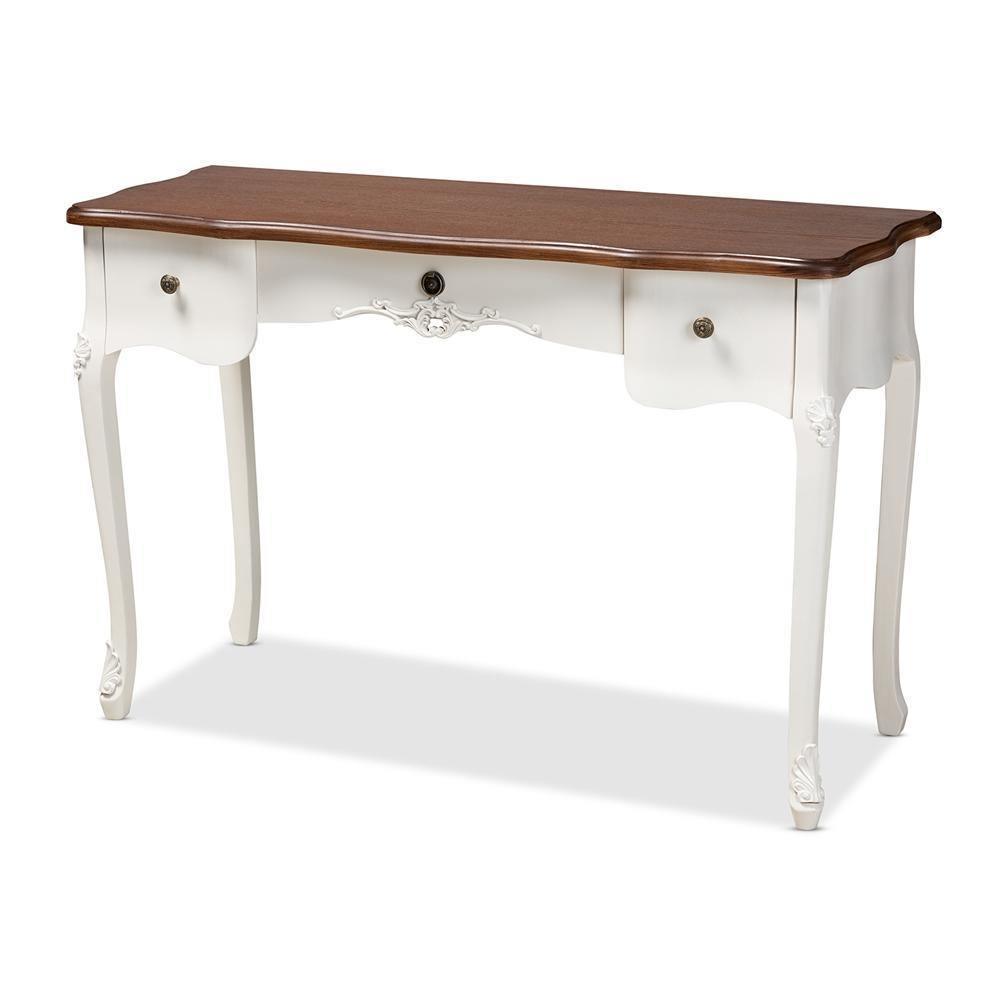 Sophie Classic Traditional French Country White and Brown Finished Large 3-Drawer Wood Console Table FredCo