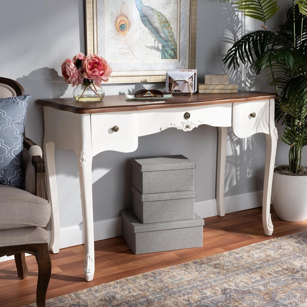 Sophie Classic Traditional French Country White and Brown Finished Large 3-Drawer Wood Console Table FredCo