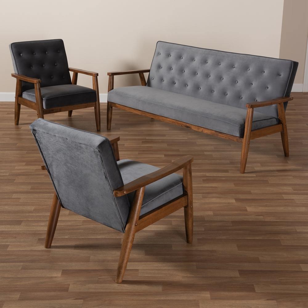 Sorrento Mid-century Modern Grey Velvet Fabric Upholstered Walnut Finished 3-Piece Wooden Living Room Set FredCo