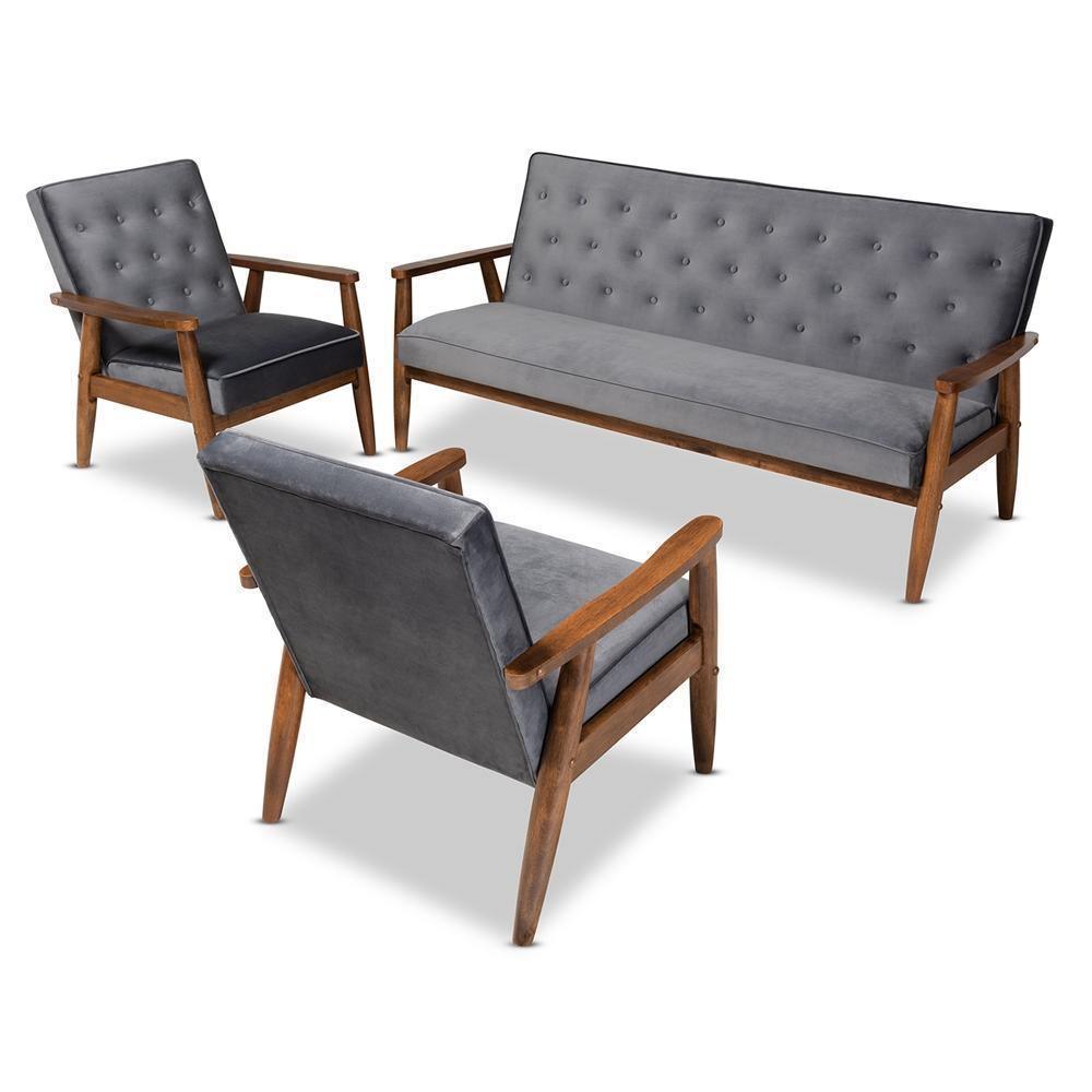 Sorrento Mid-century Modern Grey Velvet Fabric Upholstered Walnut Finished 3-Piece Wooden Living Room Set FredCo